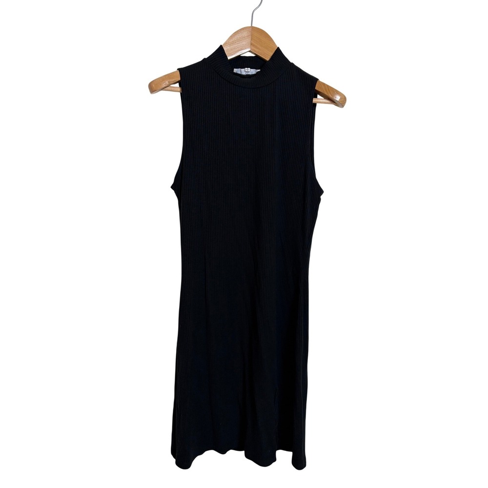 Reformation Black Ribbed Mock Neck Sleeveless Mini Dress Size S Side Slit Tencel